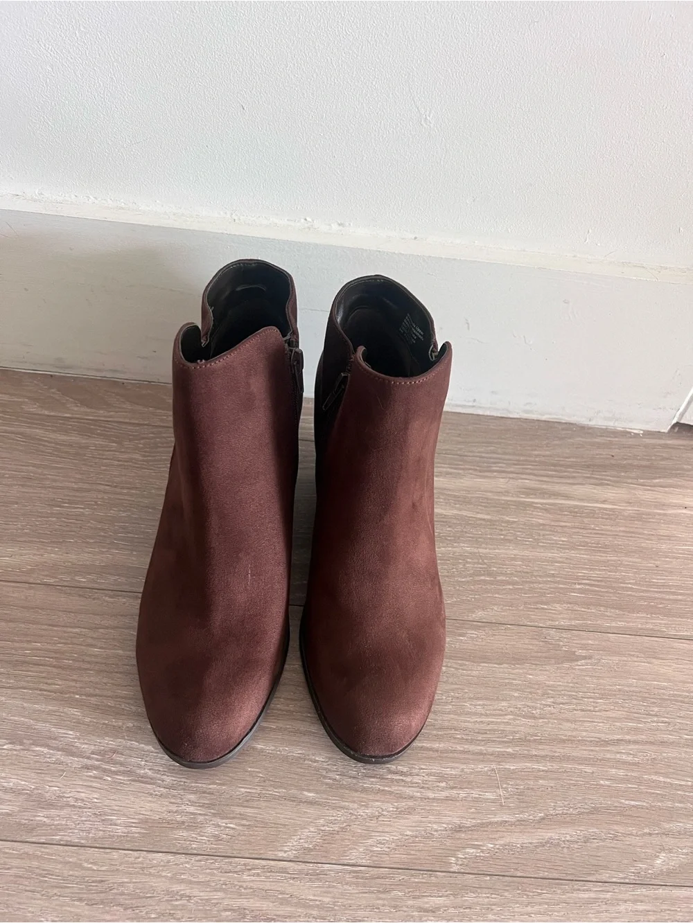 Brown suede ankle round toe wedge boots